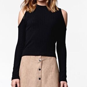 Kendall + Kylie Shoulder Cutout Knit Black Long Sleeve Shirt